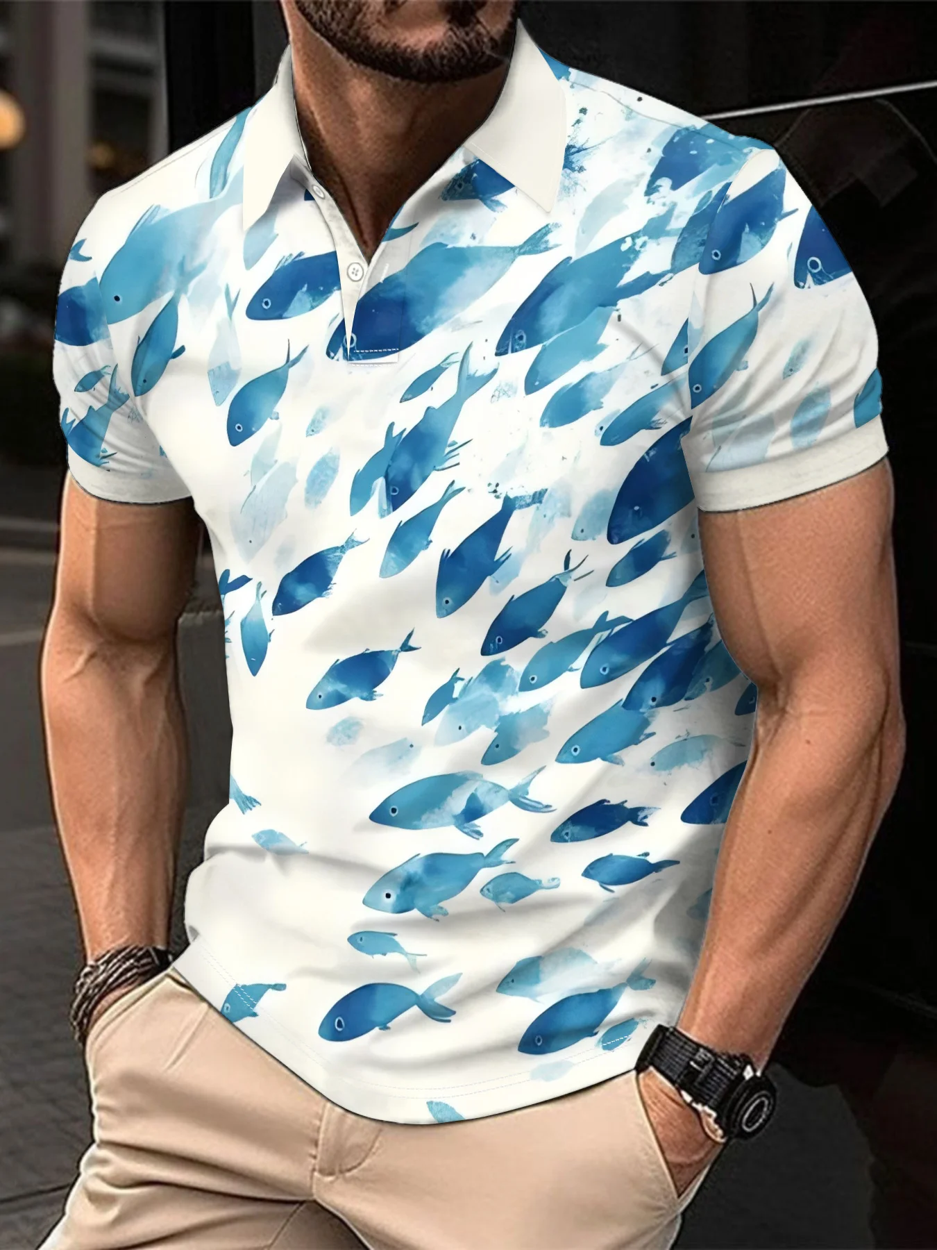 

Мужская модная рубашка-поло из сетчатой ткани с принтом «Рыбы в стиле синих чернил», удобная и дышащая, с коротким рукавом