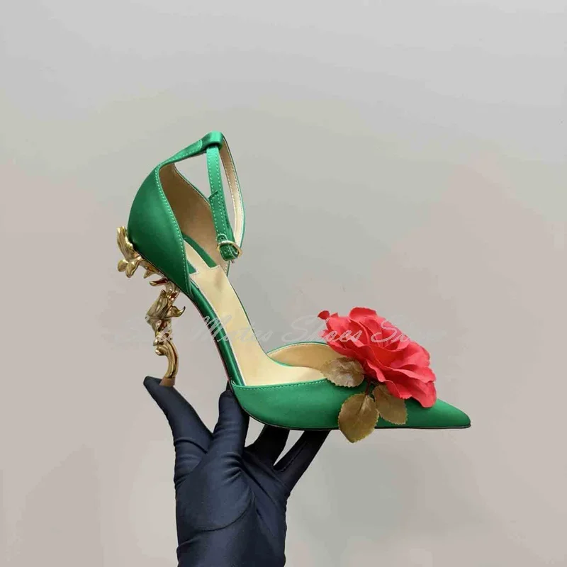 Metal Shaped Heel Red Rose Sandals Elegant Pointed Toe Flower Design Buckle Sexy Dress Shoes Wedding Luxury Women's Pumps