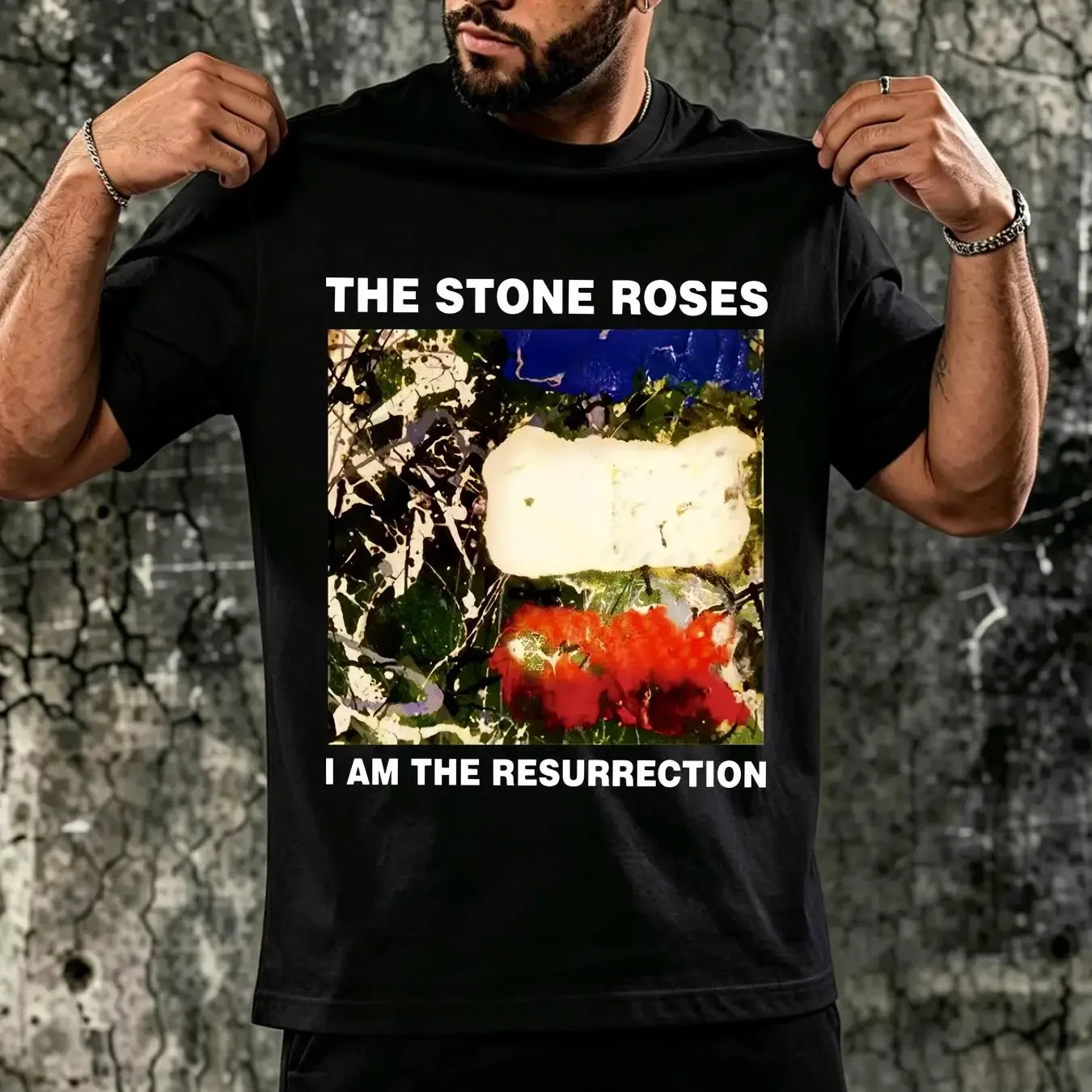 washed T Shirt The Stone Roses Black HT50745 long or short sleeves vintage Washed fashion Casual Slightly streetwear graphic