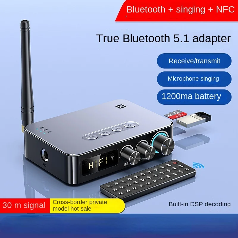 

New Support NFC Fast Pairing Bluetooth 5.1 Audio Adapter 6.5mm Microphone Sings Without Whistling 3.5Aux TF USB Disk RCA FM7In 1