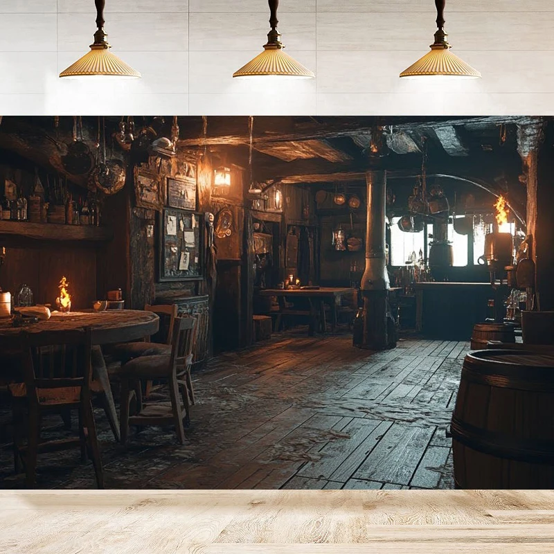 Medieval Tavern Photography Backdrop For Wooden Interior Tables Candle Light Ancient Tavern Inn Bar Restaurant Background Decor
