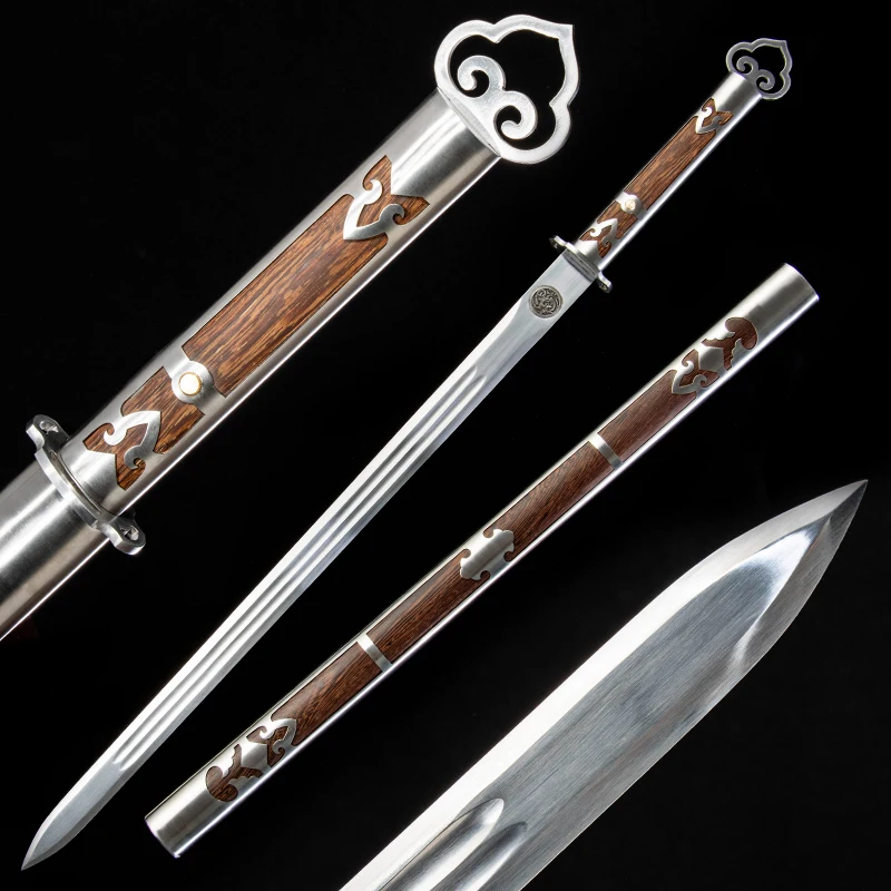 Chinese Ring Head Tang Sword High Manganese Steel Two Groove Blade Training Catana Handmade Full Size Rose Wood Sheath Katana