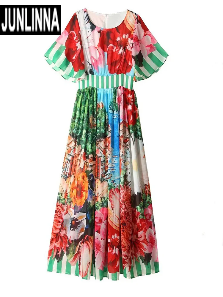 

JUNLINNA Autumn Fashion Runway Dress Women Fixed Position Flower Printing Party Vacation Expansion Vestidos