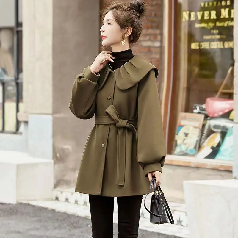 

Red woolen coat for women's new autumn and winter Korean high-end sense is popular this year, small doll collar woolen coat