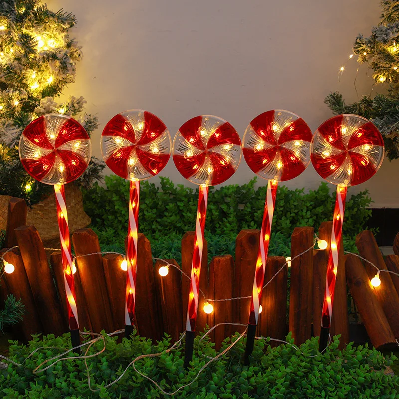 Christmas Solar Pathway Lights Candy Cane Stake Lights 5PC Holiday Decorations Lollipops Shape Lawn Light Waterproof Outdoor