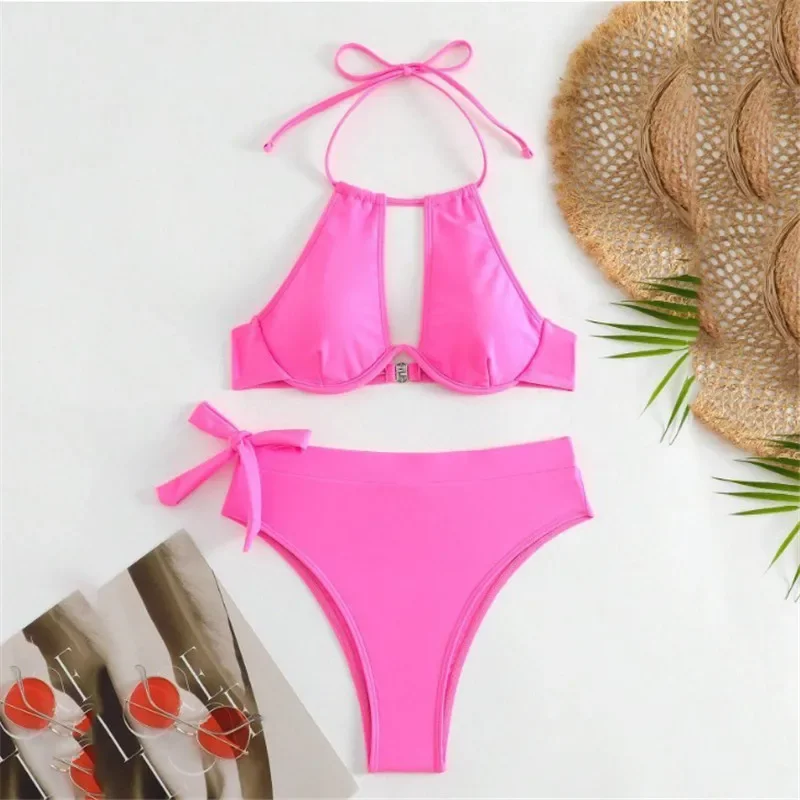 Brown High Waisted Bikini Set String Halter Swimwear Sexy Swimsuit Women Hollow Out Bathing Suit Push Up Bikinis 2024 Mujer