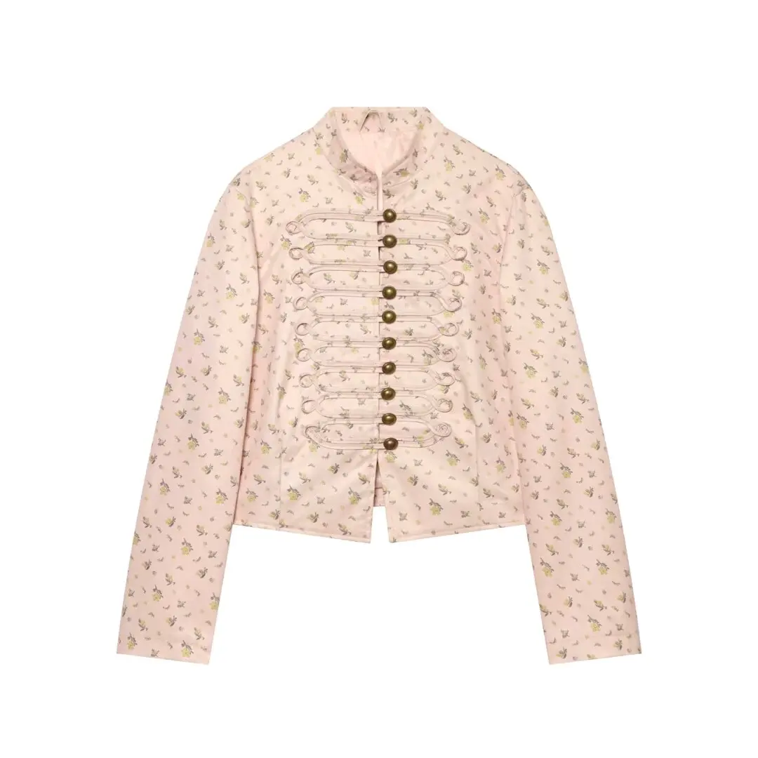 New Autumn Arrival: Women's Slim-Fit Printed Long-Sleeve Blazer with Stand Collar — Sweet-Style Pink Top