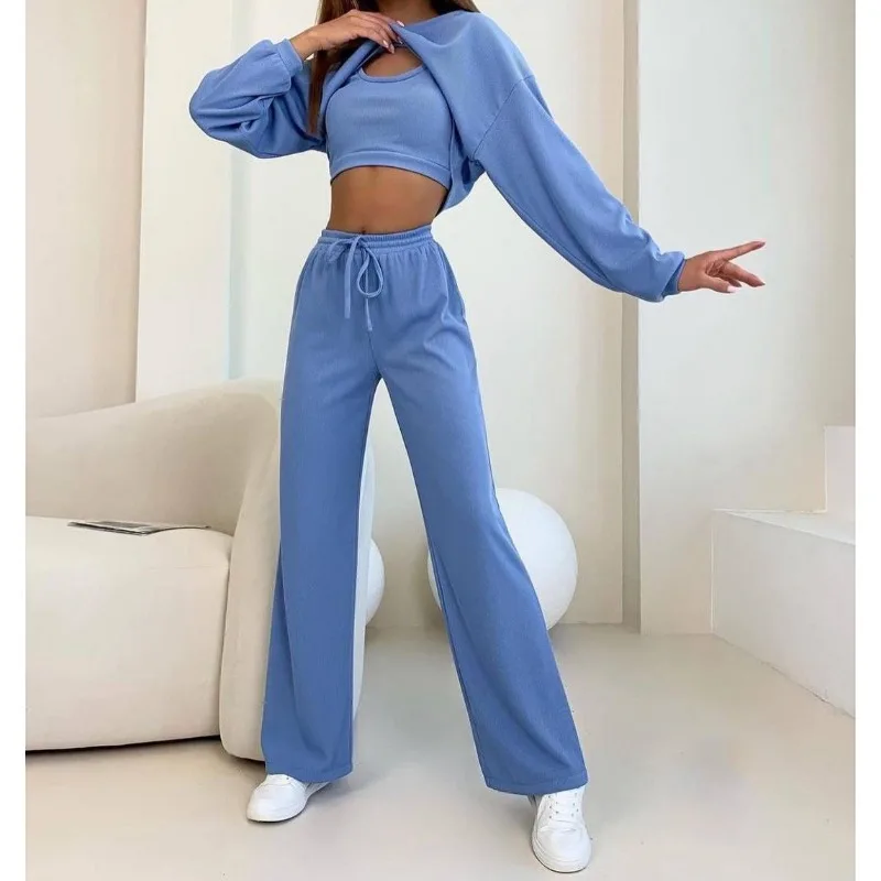 Round Neck Crop Top and Pants Set for Women, Long Sleeve, Casual Outfit, Female Clothes, Fashion, 3PCS