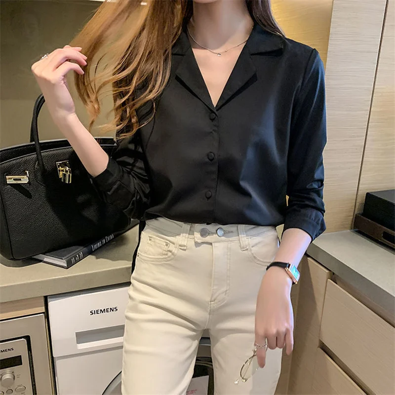 Women Spring Autumn Style Blouses Shirts Office Wear Lady OL Long Sleeve Notched Collar Blusas Tops WY1003