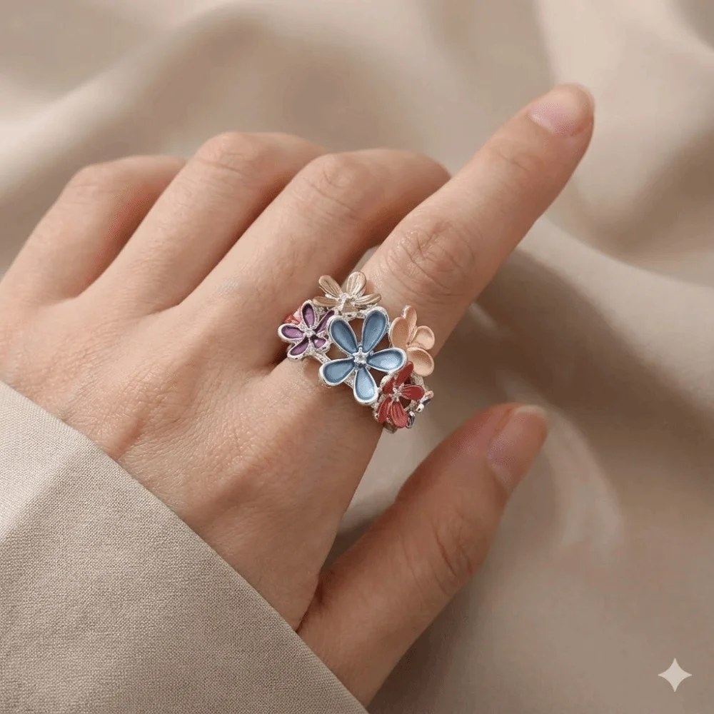Creative Painting Oil Flower Ring Multicolor Petal Stretch Ring Chinese Zinc Alloy Opening Ring Ladies