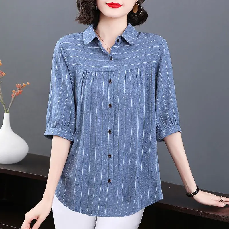 

Stripe 5/8 Sleeve Blouse Women's Loose Mother Short Sleeve Summer Clothing Middle aged Women's Fashion Tops