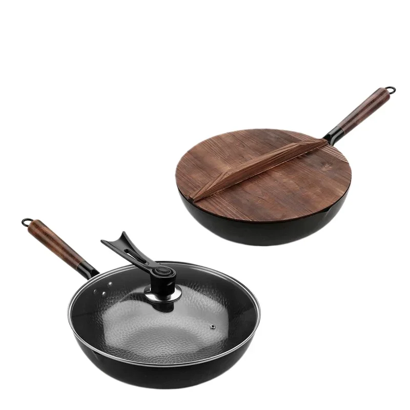 

Iron wok 32cm Traditional Iron Skillet with Wood lid Non-coated Pot Chinese Kitchen Cookware for Gas and Induction Cooker