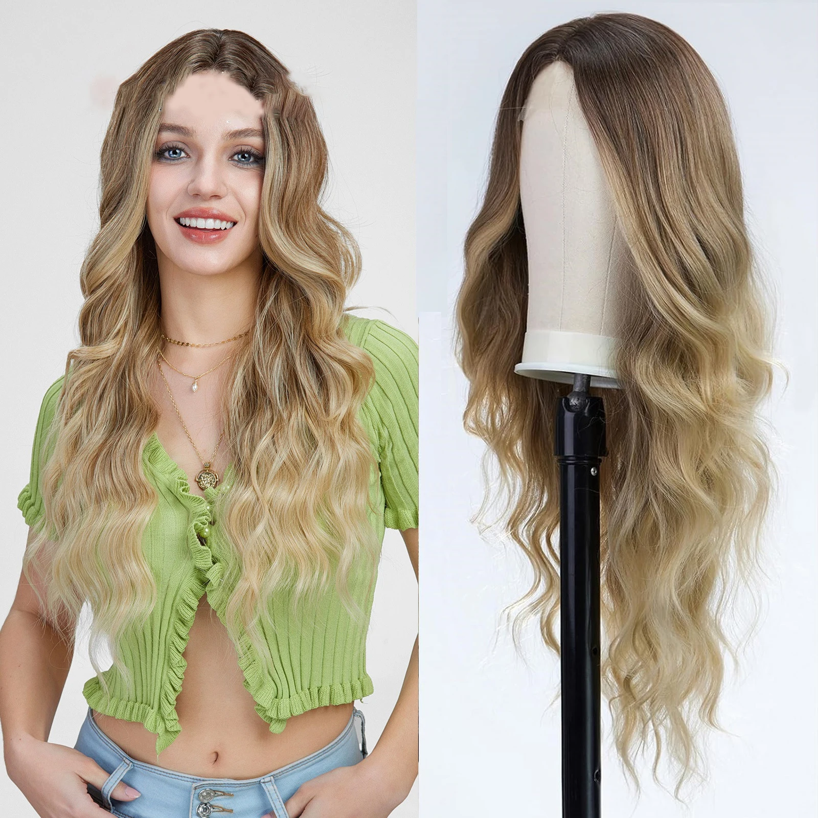 

Women's wig with small lace pieces and long curly hair on the forehead, big head leather can be freely sewn with lace in front