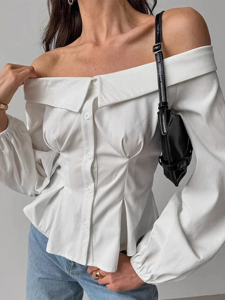 

One Collar Off Shoulder Shirt French Sexy Backless Fashion Waist Cinching Slim Fit Short Top White Women Slimming Blouse Spring