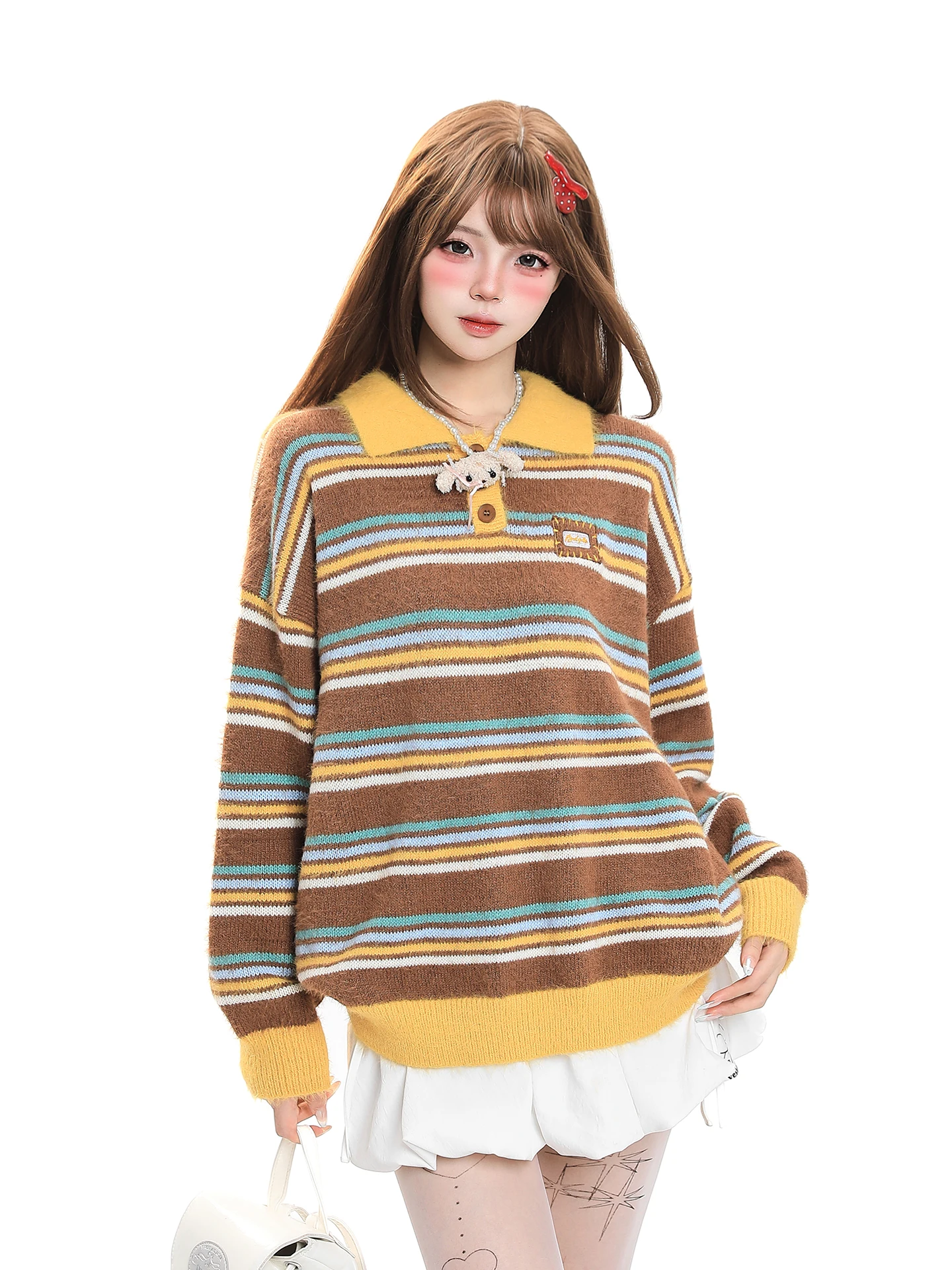 

Casual Loose Women's Knitted Sweater Stripe Pattern Overhead Sle Warmth College Sle Faion Soft Long Sve round Ne