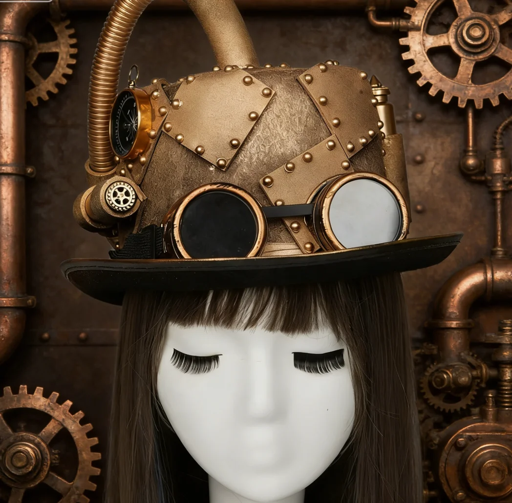 

Steampunk Gothic Top Hat With Steam Pipes Compass Goggles Vintage Cosplay Prop