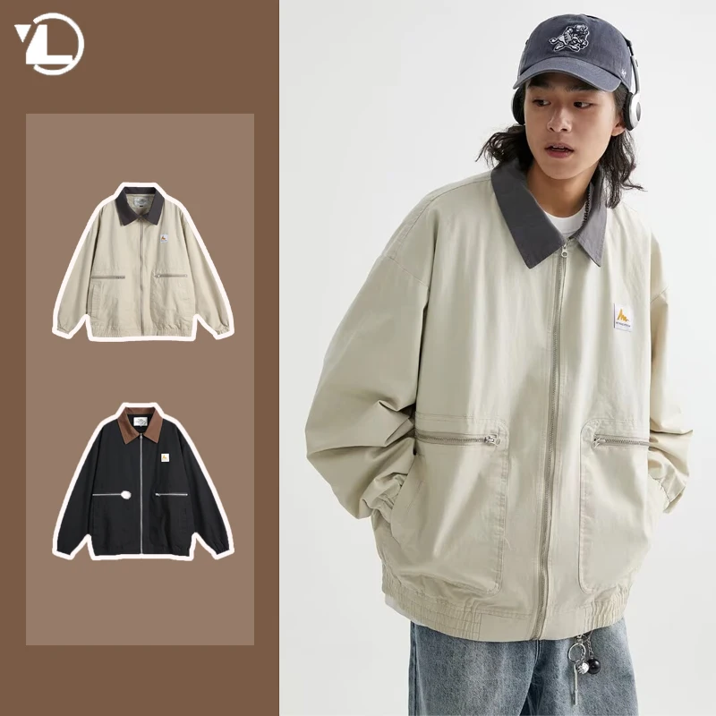 

Spring 2024 Tooling Jackets Mens Japanese Lapel Color Blocking Harajuku Coats Casual Zipper Pocket Canvas Loose Outwear Unisex