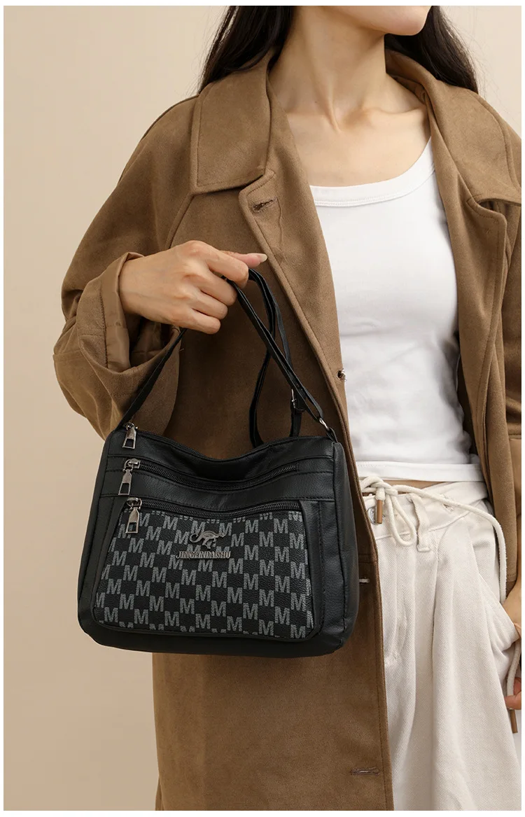 Klassisches Buchstaben-M-Design, mehrlagige Reißverschlusstasche, einzelne Schulter-Crossbody-Taschen für Damen, täglicher Gebrauch, Arbeit, Reisen, Ausflug, Party – Detail 11
