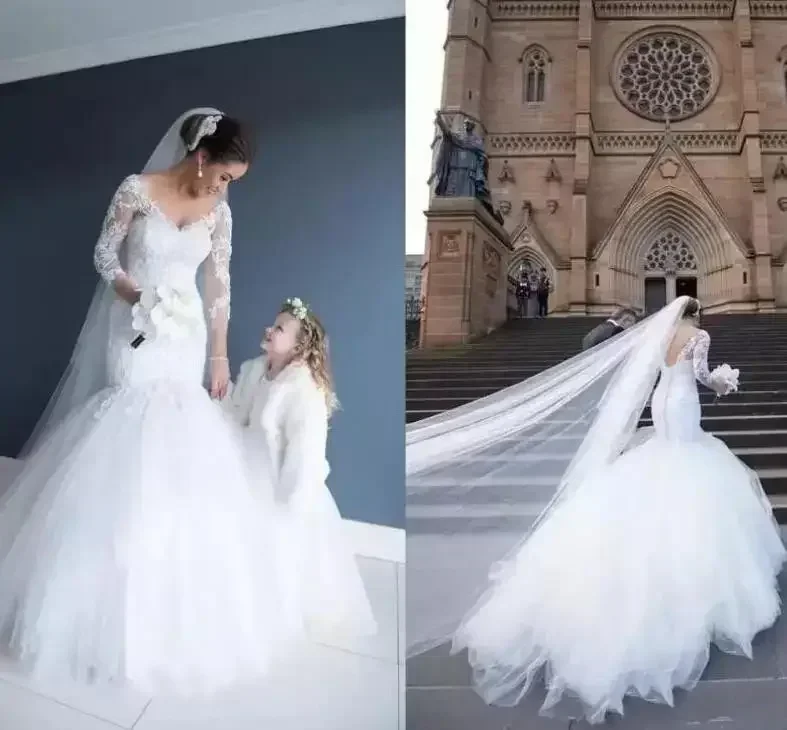Vestidos De Novia De sirena De manga larga personalizados con cuello en V encaje francés con apliques Vestido De Novia corte tren niveles tul nupcial