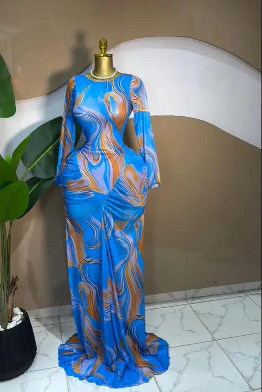 CM.YAYA المرأة التعادل صبغ مطبوعة مكدسة Ruched كم طويل ميدي Bodycon ماكسي فستان طويل حفلة عيد ميلاد التعليم فساتين عصرية #6