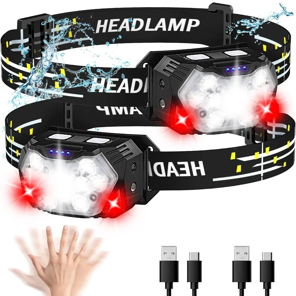 New Super Bright 9‑LED Headlamp, USB‑C Rechargeable, 10 Modes, Waterproof Motion Sensor Headlight for Work and Outdoor Use