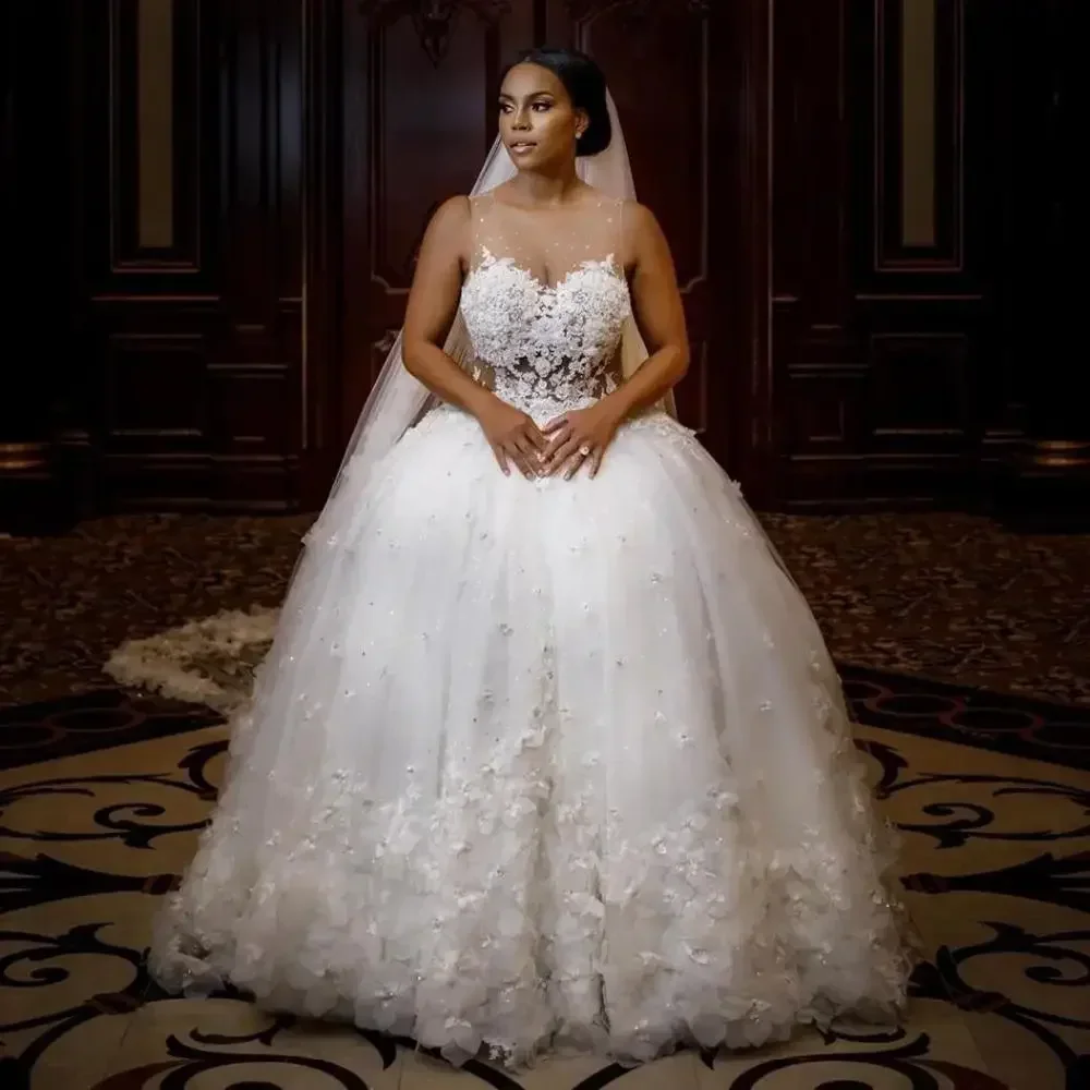 Customized Modest O-Neck 3D Floral African Ballgown Wedding Dress Sweep Train Vestidos De Noiva Plus Size Church Bridal Gown