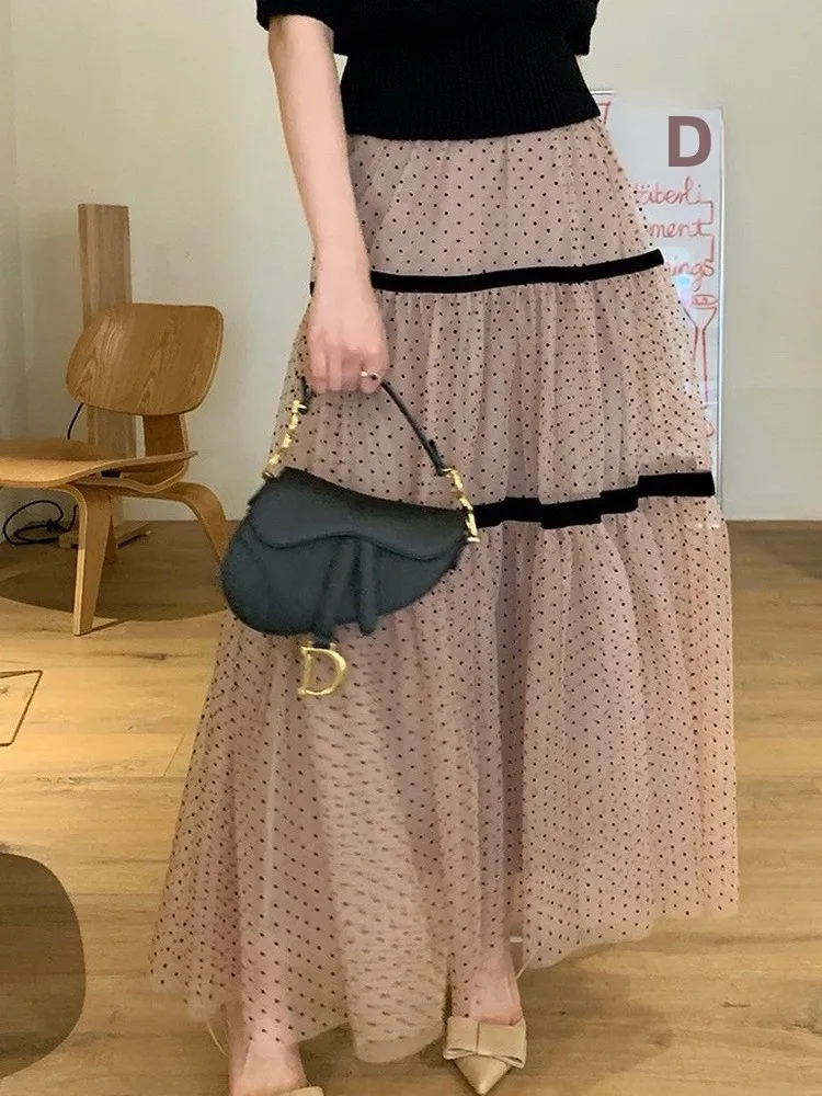 

High Waist Polka Dot Tulle Cake Skirt Women's Vintage Slimming Layered A-Line Long Skirt with Inner Girl's Summer Dress