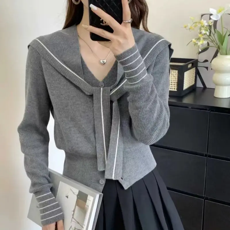

Gentle Sweet Navy Collar Sweater Women Spring Autumn College Style Design Slim Long-sleeved Cardigan Top