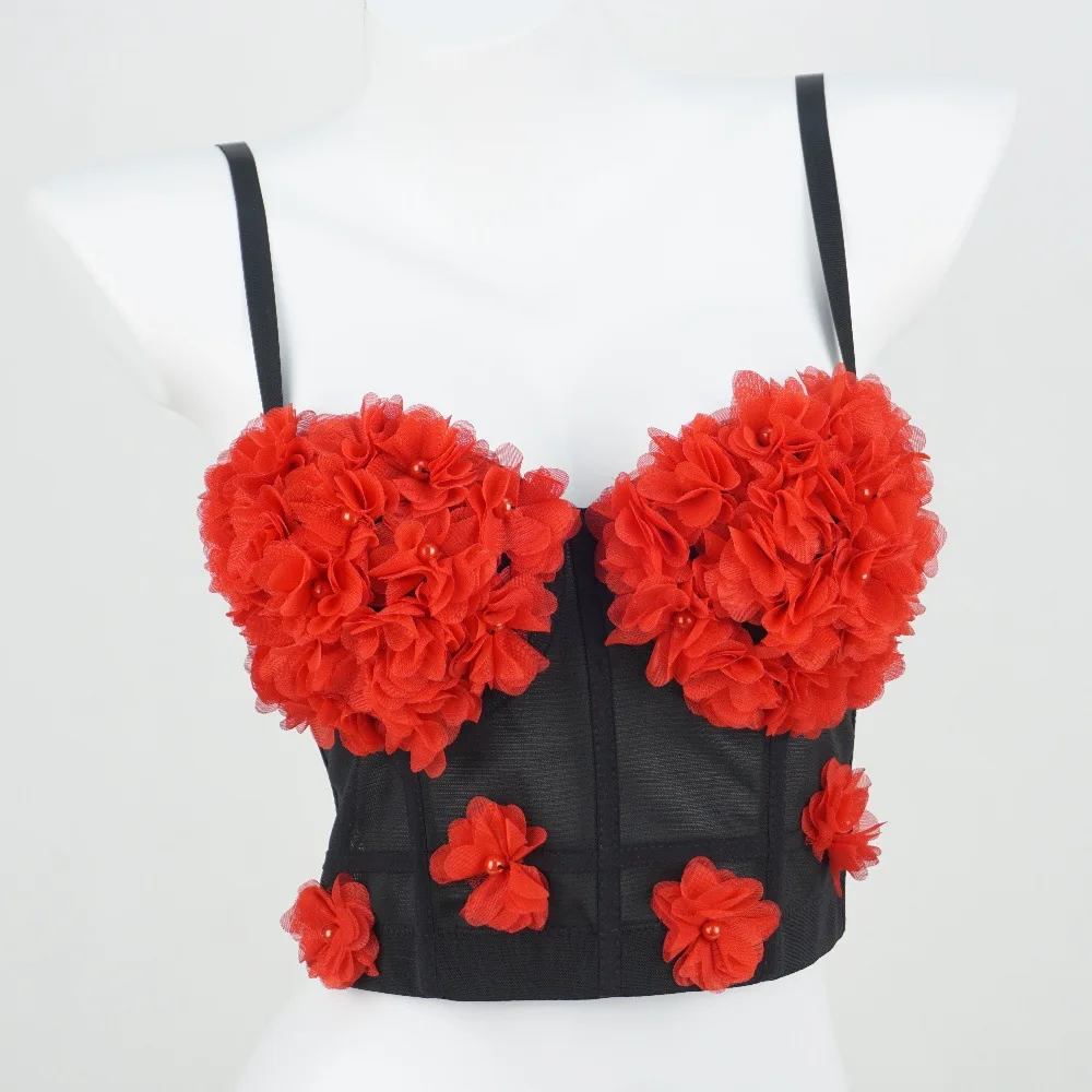 

Mesh See-Through Fishbone Corset Female Sexy Three-Dimensional Flowers Beaded Camisole Tank Tops High-Class Lace Inner Tops