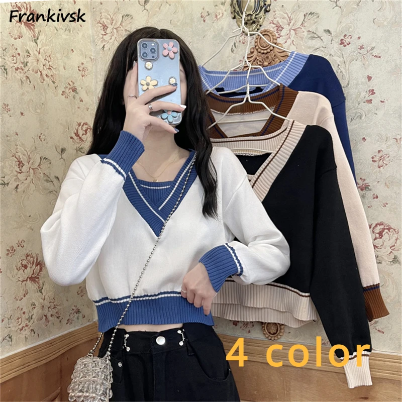 

Cropped Sweaters Women Panelled Spliced Spring Autumn Fake Two Pieces Japanese Style Retro Popular Knitwear Loose Youthful Ins