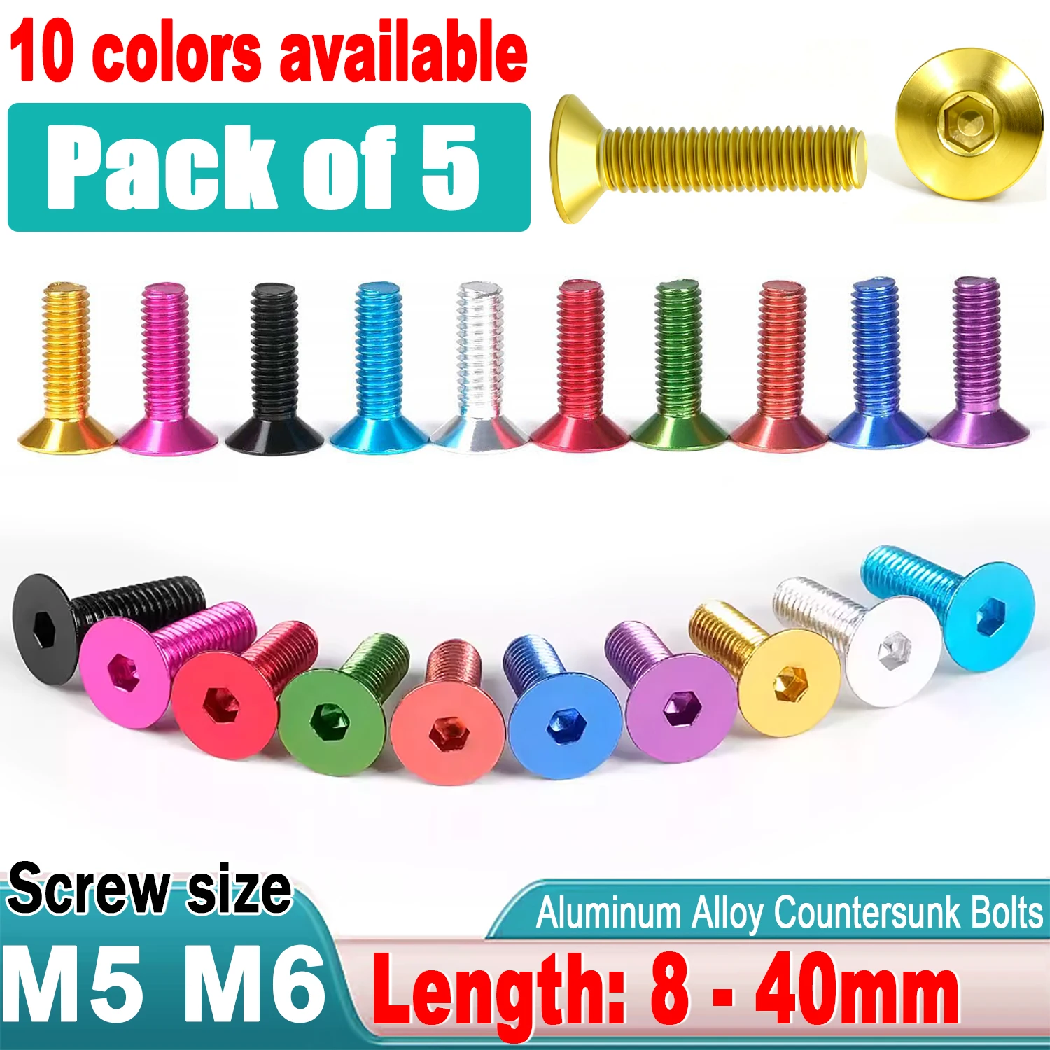 5pcs M5 M6 Colourful Aluminum Allen Screw L=16-40mm Flat Hexagon Hex Socket Countersunk Head Screw Bolt Anodized Color RC Models