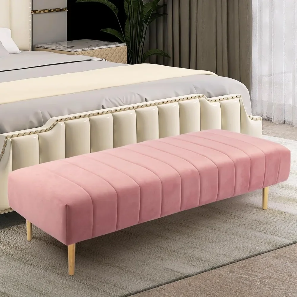 

Modern Ottoman Bench Bedroom Velvet Bench 58 Inch End of Bed Upholstered Footrest Stool with Gold Legs for Living Room