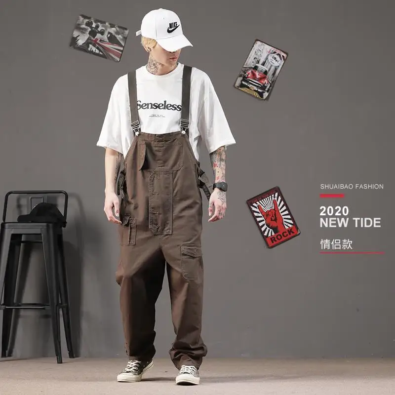 Men's Fashion Overalls Straight Loose Workwear One-piece Jumpsuit Overalls Suit Men's Hip-hop Denim Suspenders