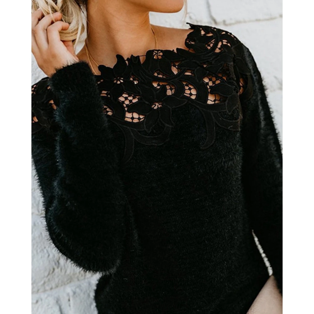 Autumn Winter Women Contrast Lace Long Sleeve Fluffy Sweater Femme Fashion Sexy Knitted Top