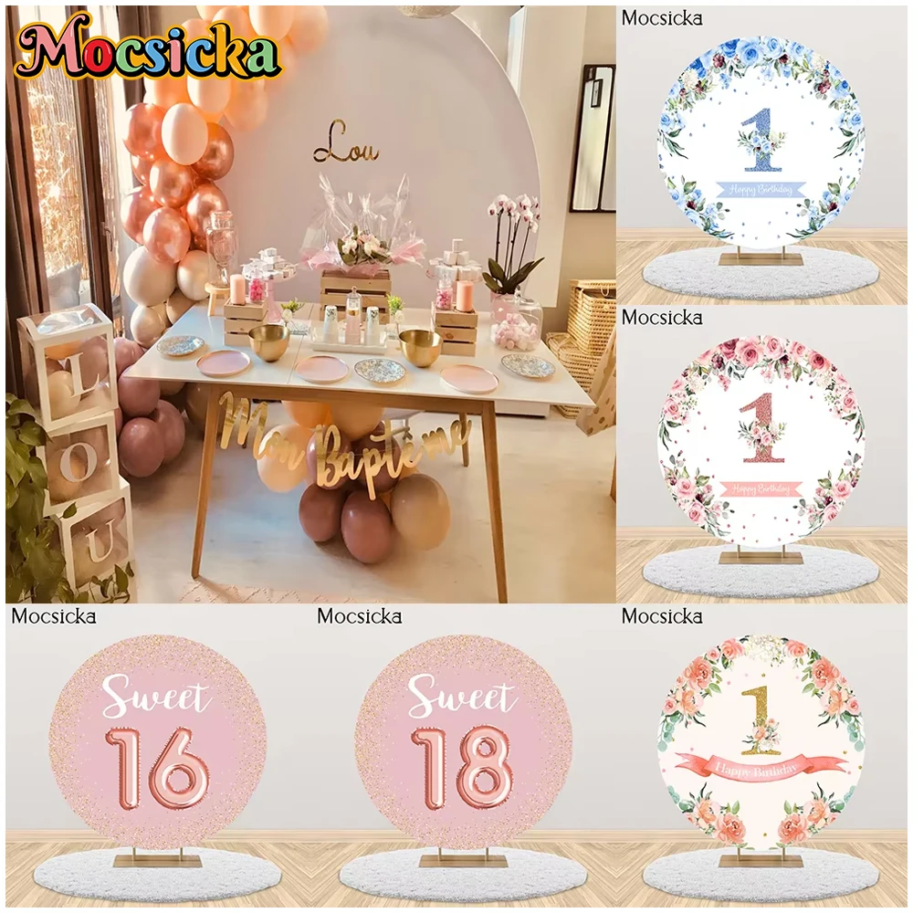 

Mocsicka Round Backdrop Covers Flowers Circle Sweet 16 18th Newborn Baby Shower Birthday Background Photography Party Decor Prop