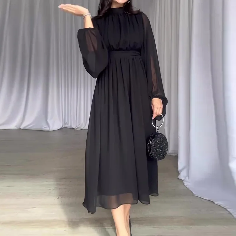 

Women Mesh Splice Dress Round Neck Loose Fit Elegant Dresses Full Sleeve Cinched Waist A Line Solid Midi Vestidos 2024