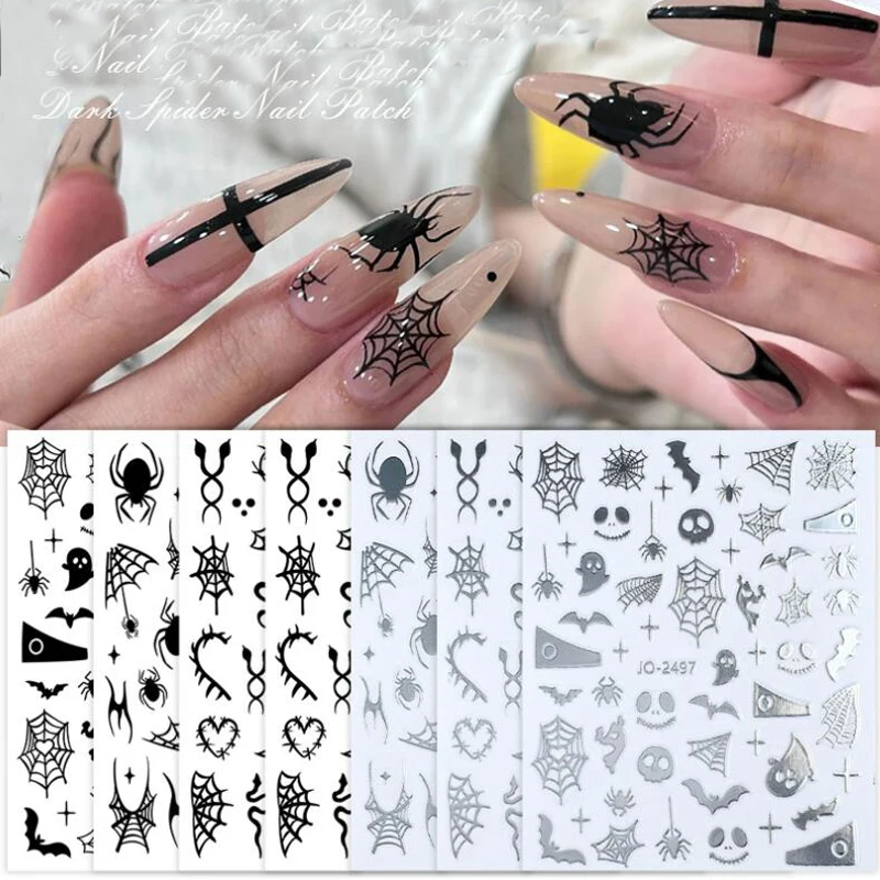 

Хэллоуин наклейки для ногтей наклейки 3D черный, серебристый паук любовь змея назад клейкие обертывания для ногтей украшения для дизайна ногтей Uñas Postizas