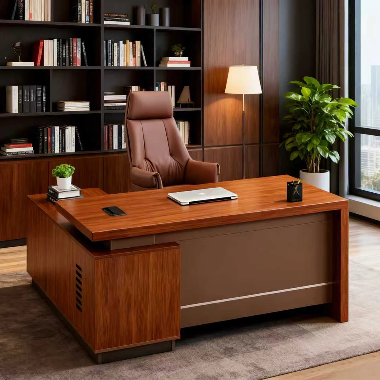 Executive Office Desk Large Wooden Manager Workstation with Storage Cabinet - Modern Office Furniture for Business Office