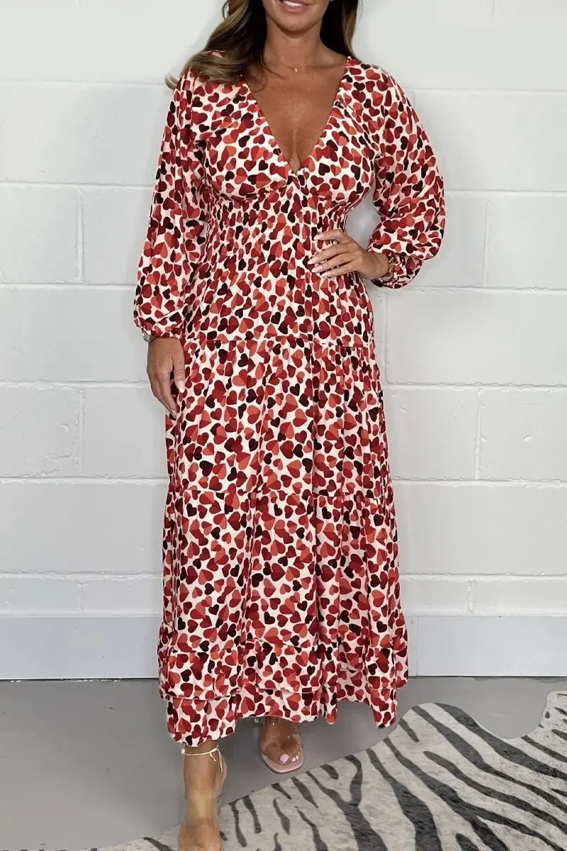 Robe mi-longue smockée en forme de cœur, tenue décontractée, taille haute, col en V, manches longues, à la mode