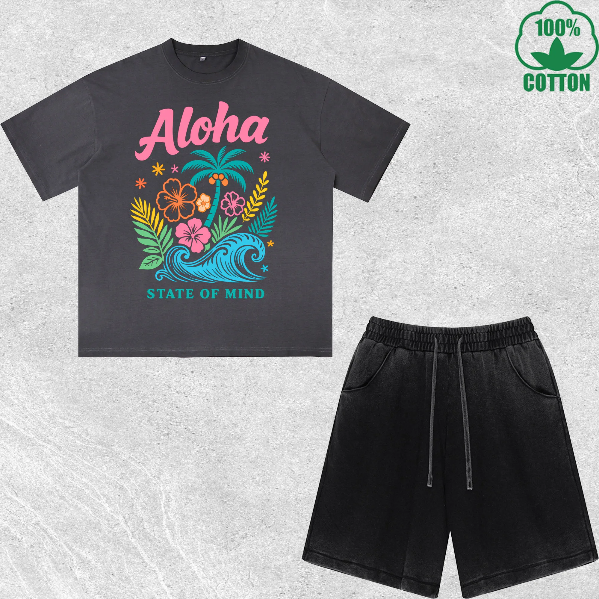 

Summer Aloha Beach Boho Flower Printed Dirty Wash T-Shirt Shorts Set Multicolor Combo Loose Trendy Fashionable 100%Cotton