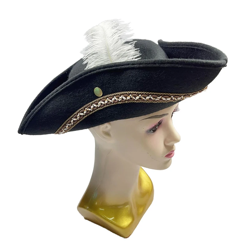 للجنسين واسعة حافة قبعة قرصان ريشة بيضاء مزينة قبعة تريكورن تأثيري القبعات تنفس عادية مرحلة الأداء قبعة التبعي