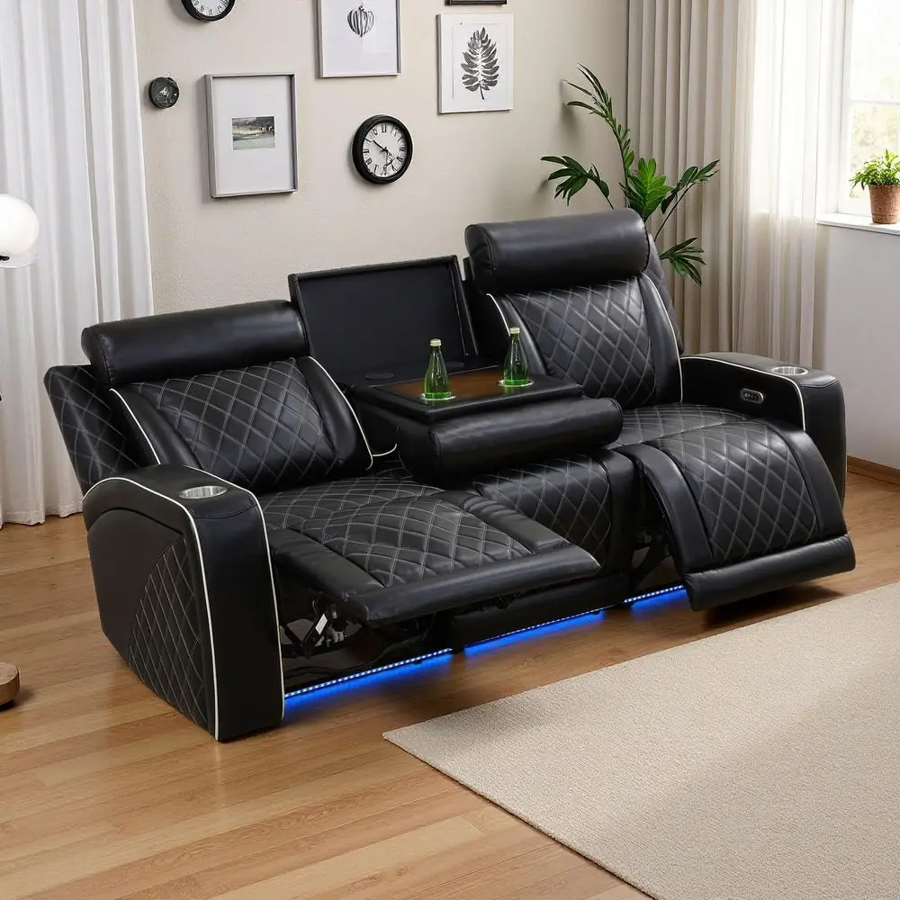 

Luxury 3-Seat Reclining Sofa with Coffee Table, Cupholders, and Charging for Living Room or Home Theater in Black