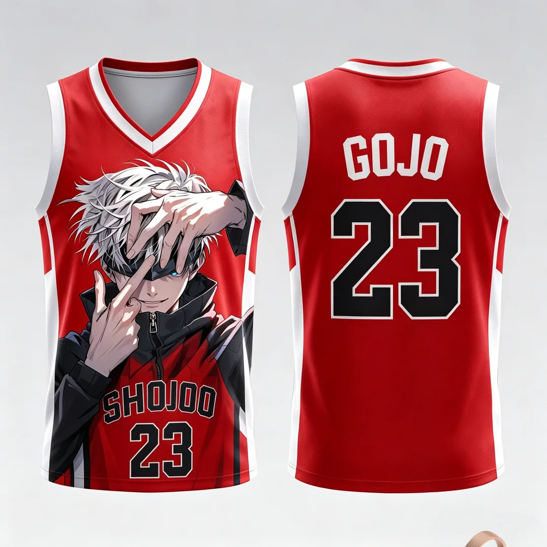 Jujutsu Kaisen Satoru Gojo Nr. 23 Basketball-Trikot, 3D-ärmelloses Tanktop, atmungsaktiv, Anime-Streetwear, Fitness-Workout-Singlet, Unisex