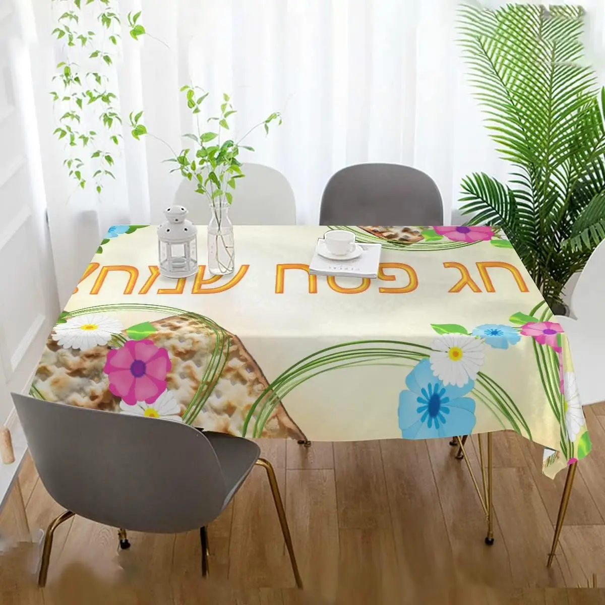 Happy Passover Rectangle Tablecloth for Table Decor Jewish Hebrew Pesach Matzo Flowers Dining Table Cloth Passover Decorations