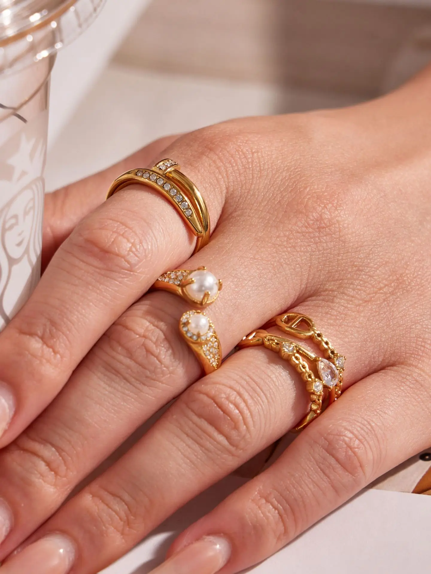 316L Edelstahlring, mehrlagig, mit Perlen und Zirkonia, tropfenförmig, offener Ring, 18 Karat vergoldet, schick, modern, zarter Schmuck für Damen – Detail 9