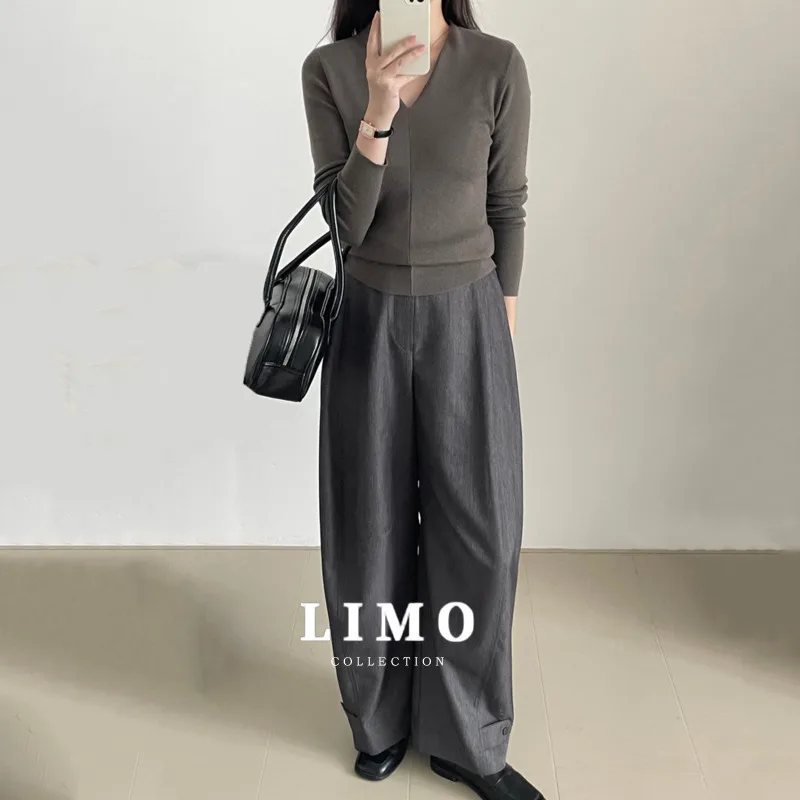 

LIMO Autumn Winter Fashion High Waisted Wide Leg Pants with Snap Button Casual Loose Palazzo Trousers for Daily Streetwear