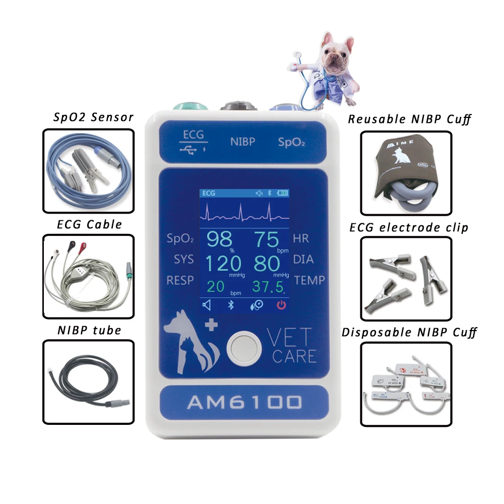 BERRY AM6100 Bluetooth Handheld Veterinary Monitor NIBP Blood Pressure Monitor Pulse Oximeter Probe Animal Circufere Pet Care