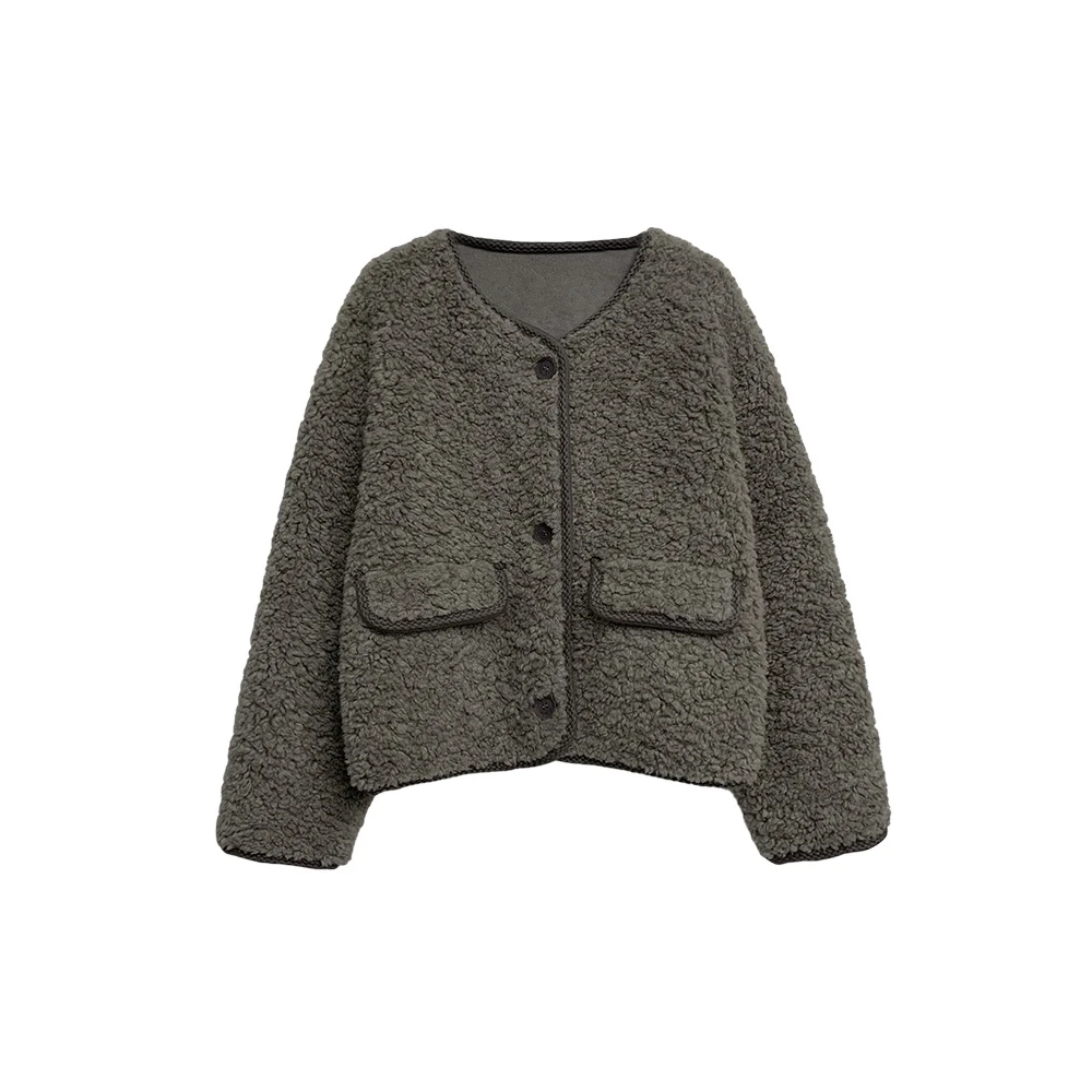 Vintage Korean Lamb Wool Coat Women's Elegant Solid Cropped O-Neck Single-Breasted Streetwear Chic Short Outwear