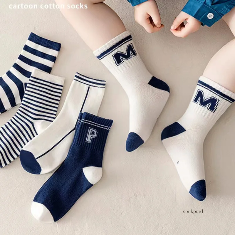 5 Pairs/Lot Spring New Sports Children Socks Cartoon Design Kids Tube Socks Soft Breathable Cotton Socks for Boys and Girls