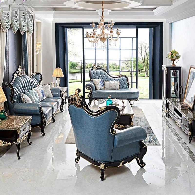 European 3 + 1 + princess leather solid wood carving sofa, luxury high-end living room European furniture